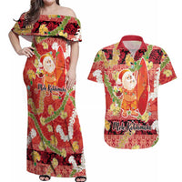 Hawaii Santa Mele Kalikimaka Couples Matching Off Shoulder Maxi Dress and Hawaiian Shirt Tropical Puakenikeni Lei with Polynesian Tribal Pattern - Polynesian Pride