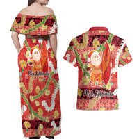 Hawaii Santa Mele Kalikimaka Couples Matching Off Shoulder Maxi Dress and Hawaiian Shirt Tropical Puakenikeni Lei with Polynesian Tribal Pattern - Polynesian Pride