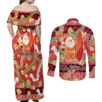 Hawaii Santa Mele Kalikimaka Couples Matching Off Shoulder Maxi Dress and Long Sleeve Button Shirt Tropical Puakenikeni Lei with Polynesian Tribal Pattern - Polynesian Pride