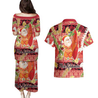 Hawaii Santa Mele Kalikimaka Couples Matching Puletasi and Hawaiian Shirt Tropical Puakenikeni Lei with Polynesian Tribal Pattern - Polynesian Pride