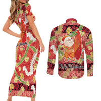 Hawaii Santa Mele Kalikimaka Couples Matching Short Sleeve Bodycon Dress and Long Sleeve Button Shirt Tropical Puakenikeni Lei with Polynesian Tribal Pattern - Polynesian Pride