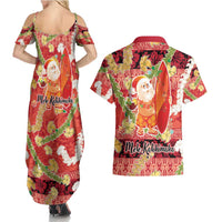 Hawaii Santa Mele Kalikimaka Couples Matching Summer Maxi Dress and Hawaiian Shirt Tropical Puakenikeni Lei with Polynesian Tribal Pattern - Polynesian Pride
