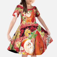 Hawaii Santa Mele Kalikimaka Family Matching Long Sleeve Bodycon Dress and Hawaiian Shirt Tropical Puakenikeni Lei with Polynesian Tribal Pattern LT03 Daughter's Dress Red - Polynesian Pride