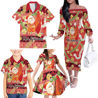 Hawaii Santa Mele Kalikimaka Family Matching Off The Shoulder Long Sleeve Dress and Hawaiian Shirt Tropical Puakenikeni Lei with Polynesian Tribal Pattern - Polynesian Pride