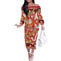 Hawaii Santa Mele Kalikimaka Family Matching Off The Shoulder Long Sleeve Dress and Hawaiian Shirt Tropical Puakenikeni Lei with Polynesian Tribal Pattern - Polynesian Pride