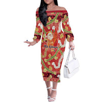 Hawaii Santa Mele Kalikimaka Family Matching Off The Shoulder Long Sleeve Dress and Hawaiian Shirt Tropical Puakenikeni Lei with Polynesian Tribal Pattern LT03 Red - Polynesian Pride