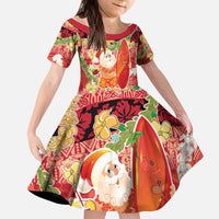 Hawaii Santa Mele Kalikimaka Kid Short Sleeve Dress Tropical Puakenikeni Lei with Polynesian Tribal Pattern LT03 KID Red - Polynesian Pride