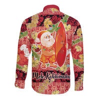 Hawaii Santa Mele Kalikimaka Long Sleeve Button Shirt Tropical Puakenikeni Lei with Polynesian Tribal Pattern - Polynesian Pride