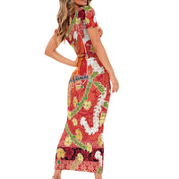 Hawaii Santa Mele Kalikimaka Short Sleeve Bodycon Dress Tropical Puakenikeni Lei with Polynesian Tribal Pattern LT03 - Polynesian Pride