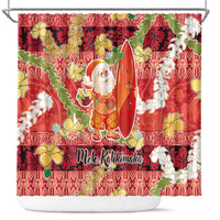 Hawaii Santa Mele Kalikimaka Shower Curtain Tropical Puakenikeni Lei with Polynesian Tribal Pattern - Polynesian Pride