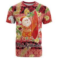 Hawaii Santa Mele Kalikimaka T Shirt Tropical Puakenikeni Lei with Polynesian Tribal Pattern LT03 Red - Polynesian Pride