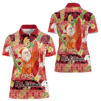 Hawaii Santa Mele Kalikimaka Women Polo Shirt Tropical Puakenikeni Lei with Polynesian Tribal Pattern - Polynesian Pride