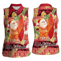 Hawaii Santa Mele Kalikimaka Women Sleeveless Polo Shirt Tropical Puakenikeni Lei with Polynesian Tribal Pattern - Polynesian Pride