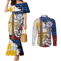 Hawaii Lutheran High School Couples Matching Mermaid Dress and Long Sleeve Button Shirt Kakau Pattern Splash Style LT03 Red - Polynesian Pride