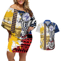 Hawaii Lutheran High School Couples Matching Off Shoulder Short Dress and Hawaiian Shirt Kakau Pattern Splash Style LT03 Red - Polynesian Pride