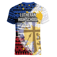 Hawaii Lutheran High School Women V Neck T Shirt Kakau Pattern Splash Style LT03 - Polynesian Pride