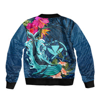 Hawaii Bomber Jacket Whale Mix Hibiscus and Kanaka Maoli Blue Version LT03 - Polynesian Pride