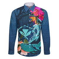 Hawaii Family Matching Mermaid Dress and Hawaiian Shirt Whale Mix Hibiscus and Kanaka Maoli Blue Version LT03 Dad's Shirt - Long Sleeve Blue - Polynesian Pride