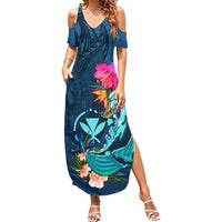 Hawaii Family Matching Summer Maxi Dress and Hawaiian Shirt Whale Mix Hibiscus and Kanaka Maoli Blue Version LT03 Mom's Dress Blue - Polynesian Pride