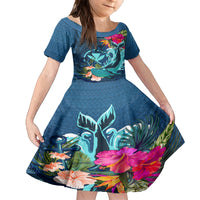 Hawaii Kid Short Sleeve Dress Whale Mix Hibiscus and Kanaka Maoli Blue Version LT03 KID Blue - Polynesian Pride