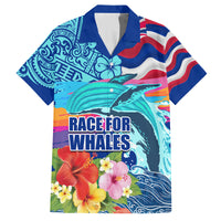 Hawaii Race For Whales Family Matching Off Shoulder Maxi Dress and Hawaiian Shirt Flag and Polynesian Hibiscus LT03 Dad's Shirt - Short Sleeve Blue - Polynesian Pride