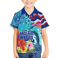 Hawaii Race For Whales Family Matching Summer Maxi Dress and Hawaiian Shirt Flag and Polynesian Hibiscus LT03 Son's Shirt Blue - Polynesian Pride
