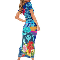 Hawaii Race For Whales Short Sleeve Bodycon Dress Flag and Polynesian Hibiscus LT03 - Polynesian Pride
