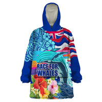 Hawaii Race For Whales Wearable Blanket Hoodie Flag and Polynesian Hibiscus LT03 One Size Blue - Polynesian Pride