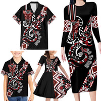 Aotearoa Toitu Te Tiriti-Honour the Treaty Family Matching Long Sleeve Bodycon Dress and Hawaiian Shirt Maori Taniwha Haka with Taniko and Tukutuku LT03 - Polynesian Pride