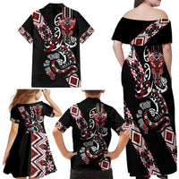 Aotearoa Toitu Te Tiriti-Honour the Treaty Family Matching Off Shoulder Maxi Dress and Hawaiian Shirt Maori Taniwha Haka with Taniko and Tukutuku LT03 - Polynesian Pride