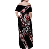Aotearoa Toitu Te Tiriti-Honour the Treaty Off Shoulder Maxi Dress Maori Taniwha Haka with Taniko and Tukutuku