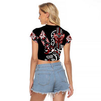 Aotearoa Toitu Te Tiriti-Honour the Treaty Raglan Cropped T Shirt Maori Taniwha Haka with Taniko and Tukutuku LT03 - Polynesian Pride