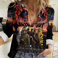 Australia and New Zealand ANZAC Day Women Casual Shirt Kangaroo and Kiwi Bird Soldier - Forever in My Thoughts LT03 Female Black - Polynesian Pride