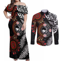 Australia and New Zealand Together Couples Matching Off Shoulder Maxi Dress and Long Sleeve Button Shirt Aboriginal and Maori Art Tattoo
