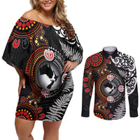 Australia and New Zealand Together Couples Matching Off Shoulder Short Dress and Long Sleeve Button Shirt Aboriginal and Maori Art Tattoo