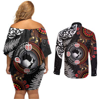 Australia and New Zealand Together Couples Matching Off Shoulder Short Dress and Long Sleeve Button Shirt Aboriginal and Maori Art Tattoo