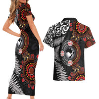 Australia and New Zealand Together Couples Matching Short Sleeve Bodycon Dress and Hawaiian Shirt Aboriginal and Maori Art Tattoo