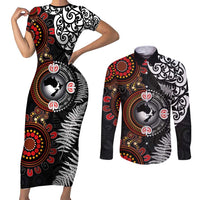 Australia and New Zealand Together Couples Matching Short Sleeve Bodycon Dress and Long Sleeve Button Shirt Aboriginal and Maori Art Tattoo