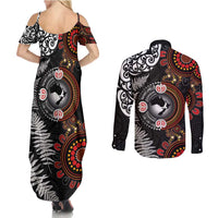 Australia and New Zealand Together Couples Matching Summer Maxi Dress and Long Sleeve Button Shirt Aboriginal and Maori Art Tattoo