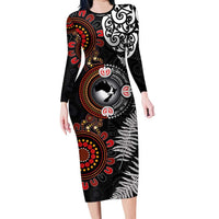 Australia and New Zealand Together Long Sleeve Bodycon Dress Aboriginal and Maori Art Tattoo