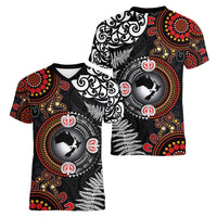 Australia and New Zealand Together Women V-Neck T-Shirt Aboriginal and Maori Art Tattoo