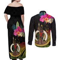 Vanuatu Ni-Van Couples Matching Off Shoulder Maxi Dress and Long Sleeve Button Shirt Coat of Arms Sand Drawing LT03 - Polynesian Pride