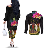 Vanuatu Ni-Van Couples Matching Off The Shoulder Long Sleeve Dress and Long Sleeve Button Shirt Coat of Arms Sand Drawing LT03 - Polynesian Pride