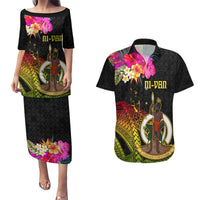 Vanuatu Ni-Van Couples Matching Puletasi and Hawaiian Shirt Coat of Arms Sand Drawing LT03 Black - Polynesian Pride