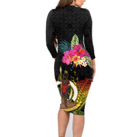 Vanuatu Ni-Van Family Matching Long Sleeve Bodycon Dress and Hawaiian Shirt Coat of Arms Sand Drawing