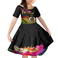 Vanuatu Ni-Van Family Matching Off Shoulder Short Dress and Hawaiian Shirt Coat of Arms Sand Drawing LT03 Daughter's Dress Black - Polynesian Pride