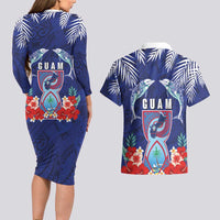 Guam Liberation Day Couples Matching Long Sleeve Bodycon Dress and Hawaiian Shirt The Tribal Latte Stone and Dolphins with Hibiscus Chamorro Culture