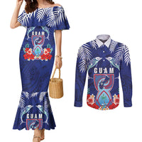 Guam Liberation Day Couples Matching Mermaid Dress and Long Sleeve Button Shirt The Tribal Latte Stone and Dolphins with Hibiscus Chamorro Culture