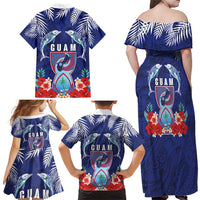 Guam Liberation Day Family Matching Off Shoulder Maxi Dress and Hawaiian Shirt The Tribal Latte Stone and Dolphins with Hibiscus Chamorro Culture