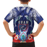 Guam Liberation Day Family Matching Off Shoulder Short Dress and Hawaiian Shirt The Tribal Latte Stone and Dolphins with Hibiscus Chamorro Culture